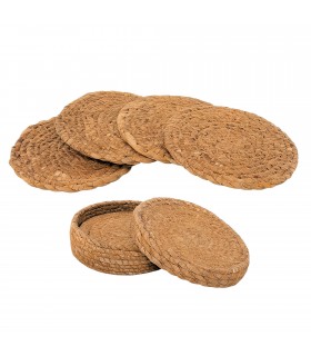 Juego de 4 Posavasos, Alga Trenzada, Ø12 cm, Beige Claro, Aspecto Rústico y Bohemio