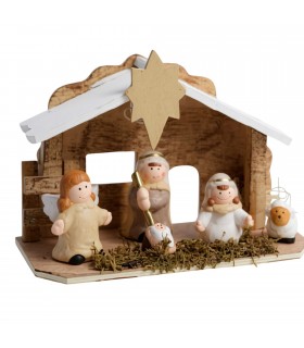 Belén Infantil Navidad, 1 LED, Figuras de Cerámica y Base de Madera Chapada con Hierbas, 22x15 cm, Incluye 2 Pilas LR44