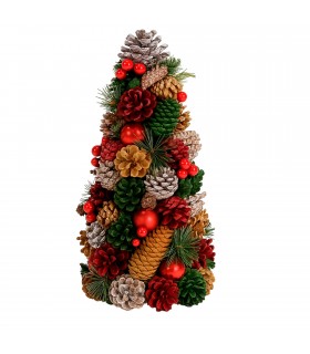 Árbol de Navidad, Madera, PVC, PE, 16x16x32 cm, con Piñas, Bayas y Bolas Rojas, Decoracion Navidad