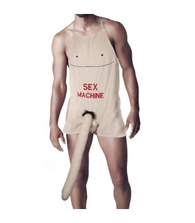 Delantal con Pene de Peluche Sex Machine, Algodón, Poliéster y PVC, 66x54 cm, Cajita de PVC para Colgar