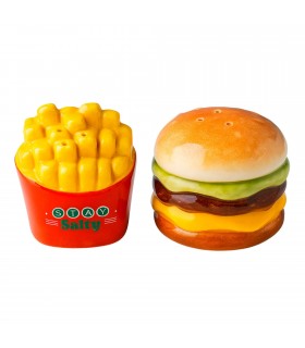 Salero y Pimentero Hamburguesa y Patatas Fritas, Pack 2 Uds, Porcelana, Ø5.5x5.5 cm