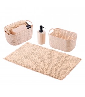 Set de Baño 3 Piezas, Alfombrilla, Cesta y Dispensador, PP + Tela