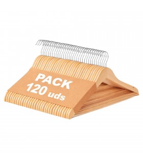 Pack 120 Perchas de Ropa, Madera,  Acabado Liso y Barnizado, 44.5 x 23 cm