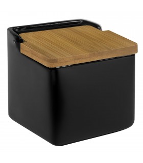 Salero de Cocina, Cerámica, Tapa Abatible de Bambú, Negro, 12x12x11 cm, Moderno y Elegante