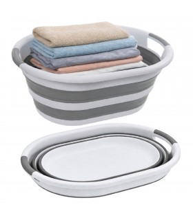 Cesto de Ropa, Plegable, 21L, Silicona Gris y Blanco, Ovalado, 54x39x23 cm