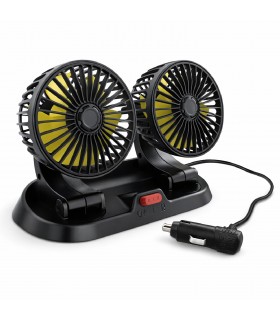 Ventilador de Coche 12V, Doble Cabezal, 360°, 2 Velocidades, Toma 12V, Cable 1,4 m, 22x11x16 cm