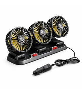 Ventilador de Coche 12V Triple Cabezal con Rotación 360°, 2 Velocidades, Toma 12V, Cable 1,4 m, 32x11x16 cm