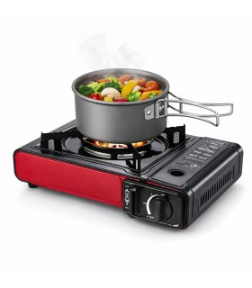 Cocina Portátil de Gas Butano, 28x8x34.5 cm, Negro y Rojo, Bloqueo de Seguridad, Uso Exterior