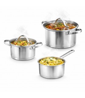 Set de 3 Cacerolas con Tapa de Cristal, Acero Inoxidable y Aluminio, 1.4L, 1.8L y 2.8L