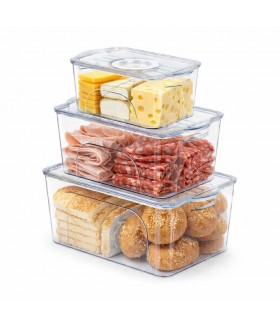 Set de 3 Organizadores de Nevera con Tapa y Fechador, Recipientes Apilables Transparentes, Libre de BPA