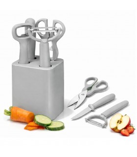 Set de Cocina 5 Piezas con Soporte, Acero Inoxidable y PP, Gris