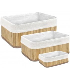 Juego de 3 Cestas de Bambú, Forrado Interior Tela, Natural, Diferentes Medidas