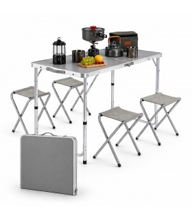 Conjunto Mesa Plegable de Camping con 4 Sillas, 120x60x70 cm, Aluminio, Altura Ajustable, Portátil y Ligero, Gris
