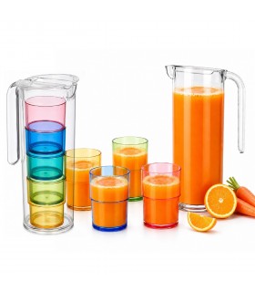 Set Jarra 1.6 L con 4 Vasos, Plástico sin BPA, Colores Surtidos