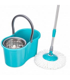 Cubo Fregona Centrífugo con Mopa Giratoria 360º, Mango Extensible, Tapón de Vaciado, Plástico y Acero Inoxidable, Turquesa