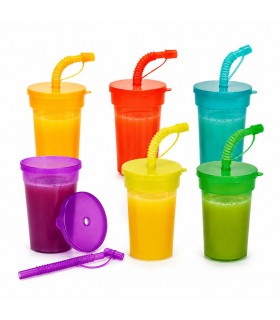 Pack 6 Vasos de Plástico con Tapa y Pajita, 380 ml, Colores Surtidos, Apilables y Reutilizables, 8x17.5 cm