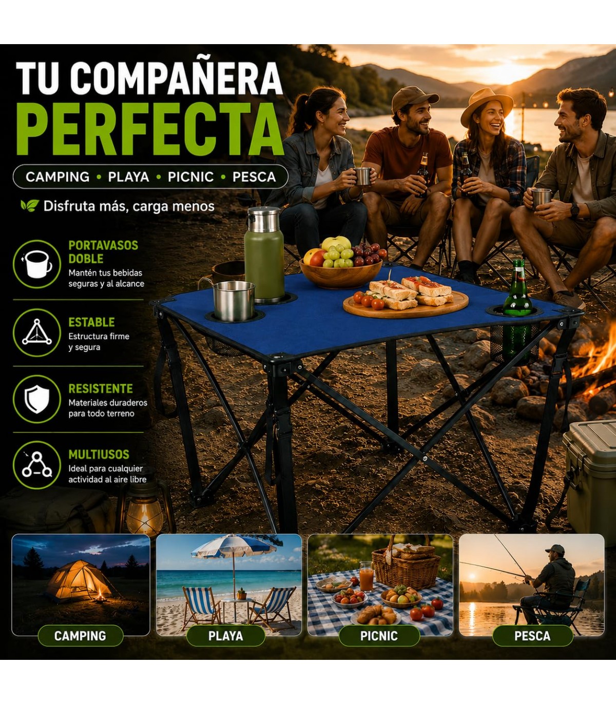 Mesa Plegable Picnic Portátil: 4 Portavasos Y Bolsas De Transporte (aluminio, Rojo-negro)