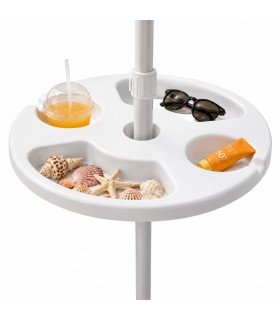 Mesa para Sombrilla con Fijación Universal, Ø29,5 cm, Blanco, Posavasos y Compartimentos