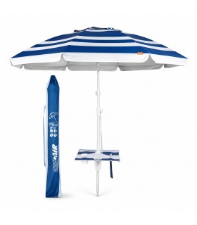 Sombrilla Playa Grande Ø210 cm con Mesa Plegable, UV50+, Antiviento, Oxford, 8 Varillas, Ajustable 28/32 mm, Rayas Azul y Blanco