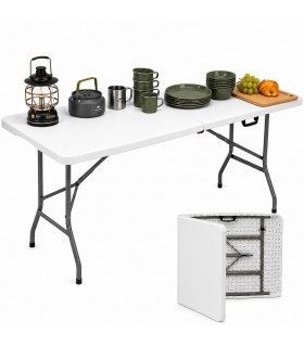 Mesa de Resina Plegable Rectangular, 180x70x74 cm, Blanco y Gris, Metál, Asa Integrada, Máx. 100 kg