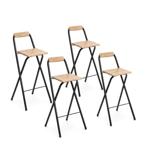 Pack 4 Taburete Plegable Alto Bar con Respaldo Louna,  Metal Negro, Madera Efecto Roble, 50x47x99cm, Marrón y Negro