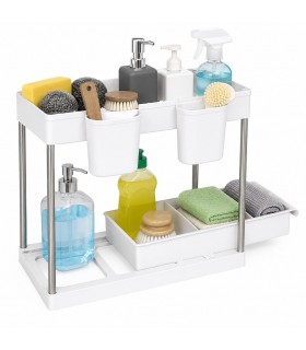 Organizador Deslizante de 2 Niveles, Cajón Extraíble, 4 Ganchos Laterales, Polipropileno, Blanco, 40.7x21.5x34 cm