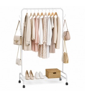 Perchero Burro para Ropa, Acero, 4 Ganchos Laterales, Ruedas con Freno, Máx 25kg, Blanco, 160x118x45.5 cm