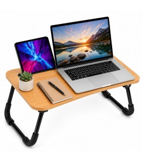 Bandeja para Cama con Patas Plegables, MDF, Color Natural y Negro, 48x29.5x20.5 cm