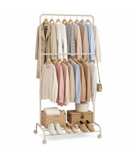 Perchero Burro para Ropa con 4 Ruedas, Doble Barra, Acero, Máx. 17kg, Color Arcilla