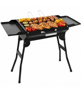 Barbacoa de Carbón Plegable, Portátil, Patas Plegables, Bandejas Laterales Abatibles, Acero Esmaltado, Negro, 82x30x57 cm