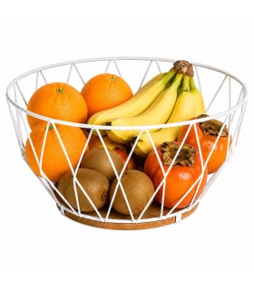 Frutero Metálico, Base de Madera, Diseño Geométrico en Forma de Diamante, 28x11.5 cm, Blanco