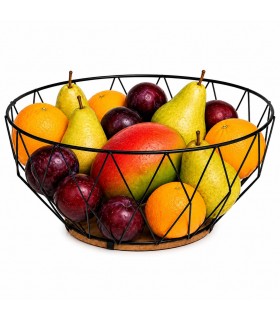 Frutero Metálico, Base de Madera, Diseño Geométrico en Forma de Diamante, 28x11.5 cm, Negro
