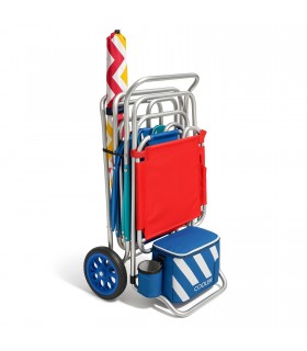 Carro Playa Plegable con 2 Ruedas, Aluminio, Plateado y Azul, 50x48x105 cm, Incluye Neceser y Rejilla