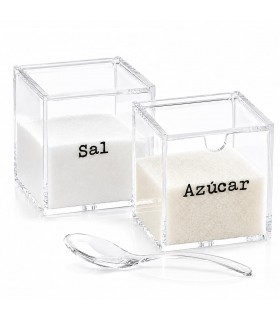 Set Salero y Azucarero con Cuchara, Acrílico Transparente, 8x8x8 cm y 10x10x10 cm, Tapa Abatible