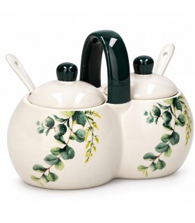 Set de Salero y Azucarero, Cerámica, Diseño Estampado, 250 ml, con Tapa y Cucharas, 9x16.5x12.4 cm