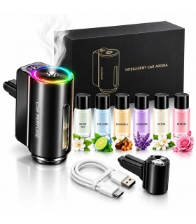 Ambientador Inteligente para Coche con Luz LED RGB, 6 Aromas, Rellenable, Carga USB-C